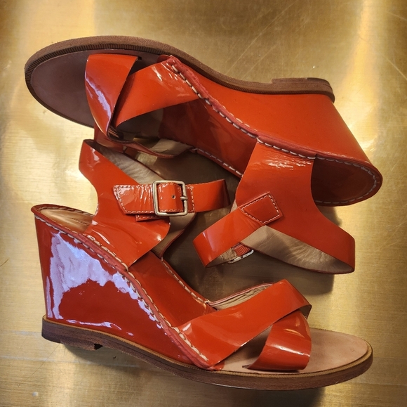 Orange Diane Von Furstenberg Wedge Sandals Size 9 - Picture 10 of 12